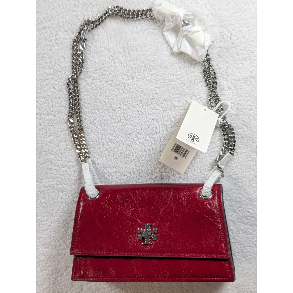 Tory Burch Kira Turnlock Mini Bag Red Crinkled Leather Silver Hardware NWT